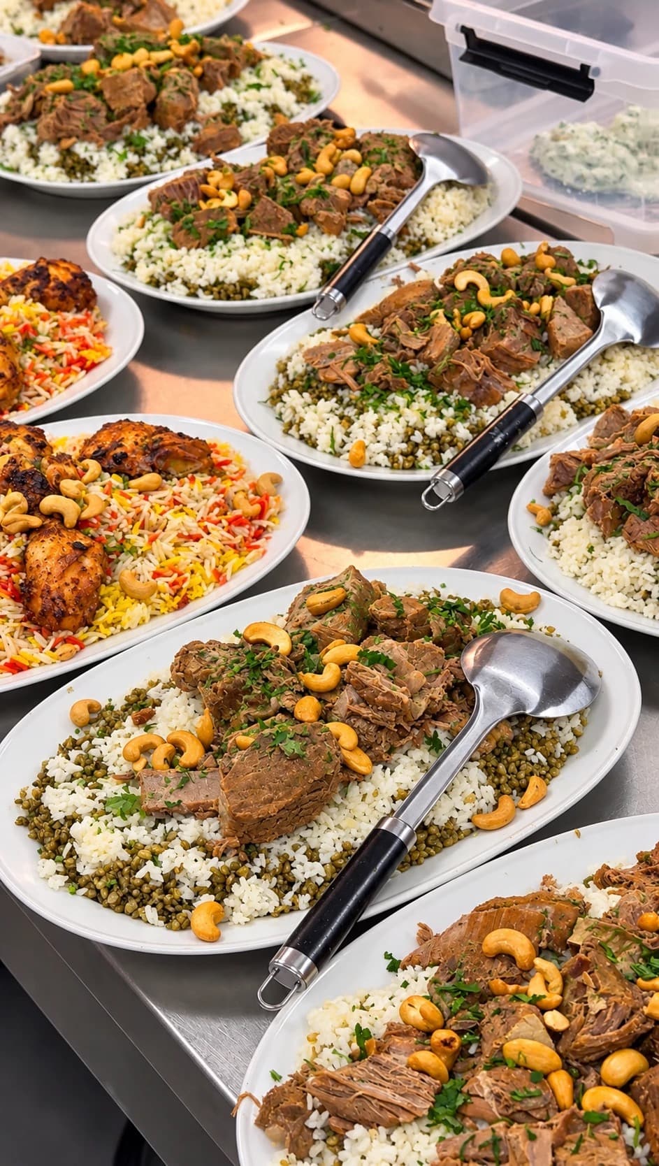 Plats de riz et viande aux noix de cajou, prêts à servir